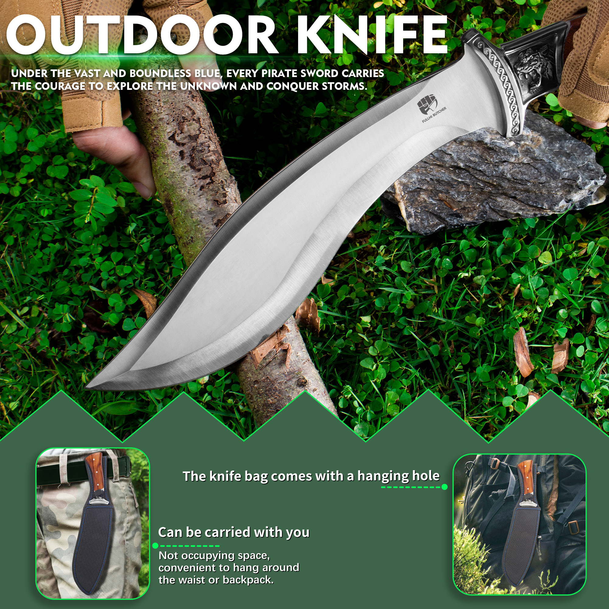 FULLHI Fixed Blade Hunting Knives, Classic Model Wood Handle Hunting Knife with Sheath for Camping Hiking Survival Knives for Men Women(7.8''curved blade)
