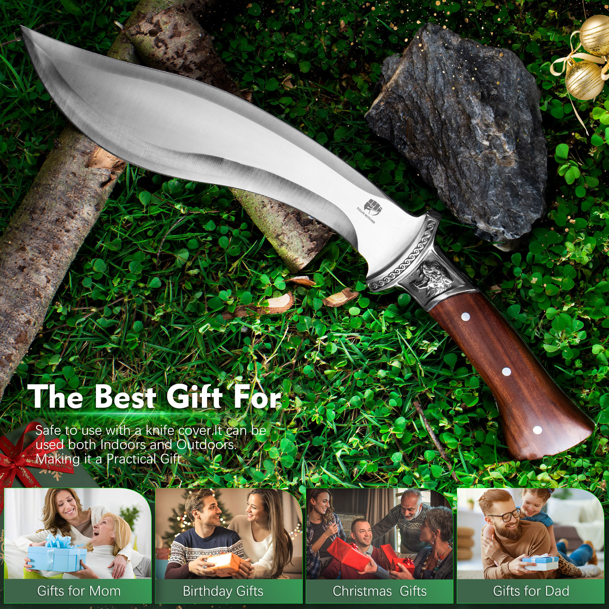 FULLHI Fixed Blade Hunting Knives, Classic Model Wood Handle Hunting Knife with Sheath for Camping Hiking Survival Knives for Men Women(7.8''curved blade)