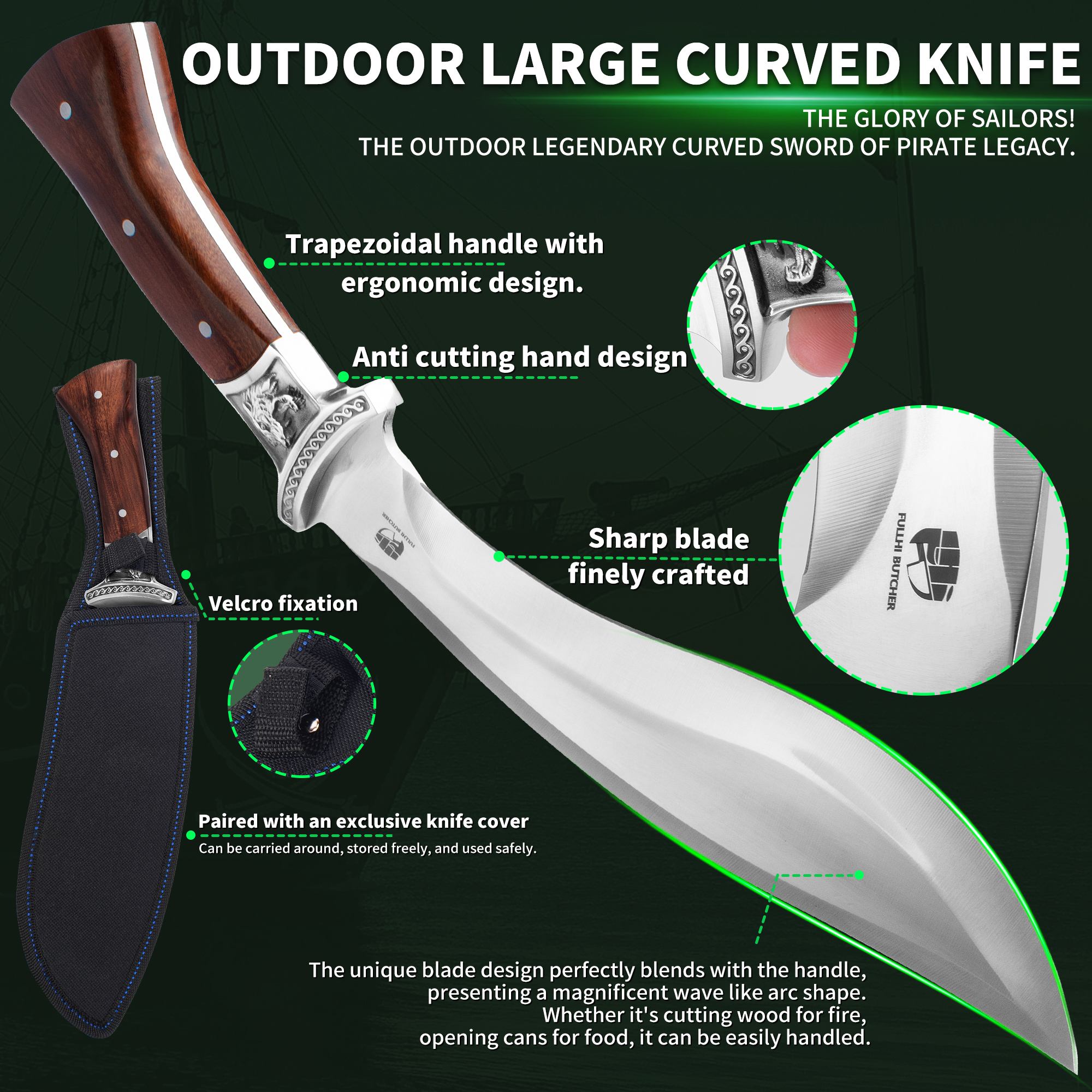 FULLHI Fixed Blade Hunting Knives, Classic Model Wood Handle Hunting Knife with Sheath for Camping Hiking Survival Knives for Men Women(7.8''curved blade)
