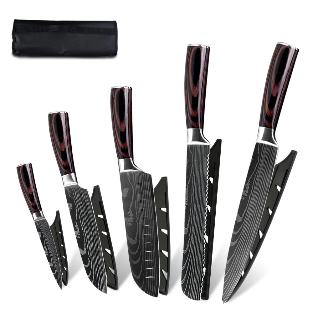 FULLHI Chief Knife Set 5 Pieces Japanese Knives Set Pakka Wood Handle Premium German Stainless Steel Kitchen Knife Set with Roll Bag