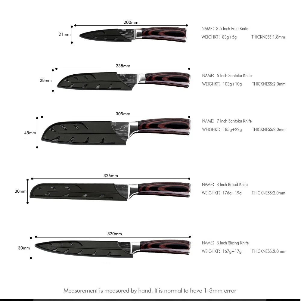 FULLHI Chief Knife Set 5 Pieces Japanese Knives Set Pakka Wood Handle Premium German Stainless Steel Kitchen Knife Set with Roll Bag
