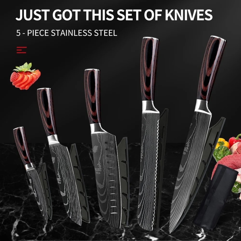 FULLHI Chief Knife Set 5 Pieces Japanese Knives Set Pakka Wood Handle Premium German Stainless Steel Kitchen Knife Set with Roll Bag