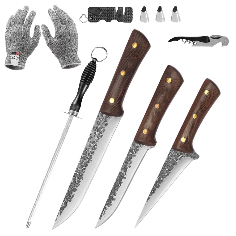 FULLHI Best Butcher Knife Set Hand Forged chef knife Boning Knife With Sheath High Carbon Steel Carving Knife Fish Knife Chef Knife For Kitchen, Camping, BBQ Knife set