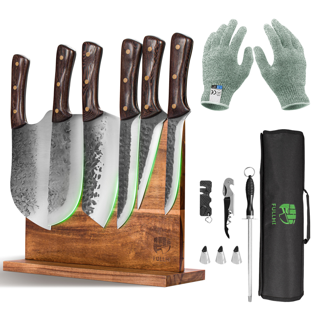 FULLHI Butcher Knife Set, High Carbon Steel Hand Forged Boning Carving Knife With Sheath For Kitchen, Camping, BBQ,Magnetic Holder 13Pcs Block Knife Set
