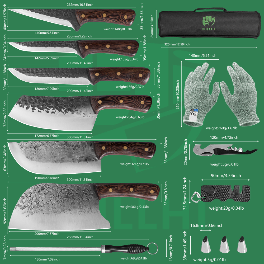 FULLHI Butcher Knife Set, High Carbon Steel Hand Forged Boning Carving Knife With Sheath For Kitchen, Camping, BBQ,Magnetic Holder 13Pcs Block Knife Set