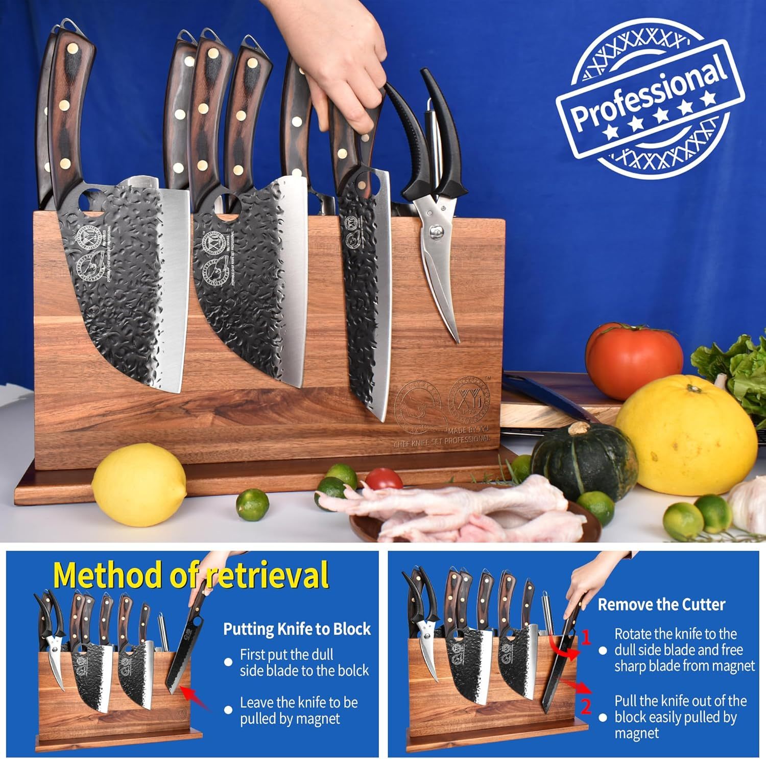 XYJ Extra Large Magnetic Knife Block Acacia Wood Knife Set Holder Stand With Stronge Magnetic Strip Kitchen Knives Storage Rack Organizer Tools No Drilling