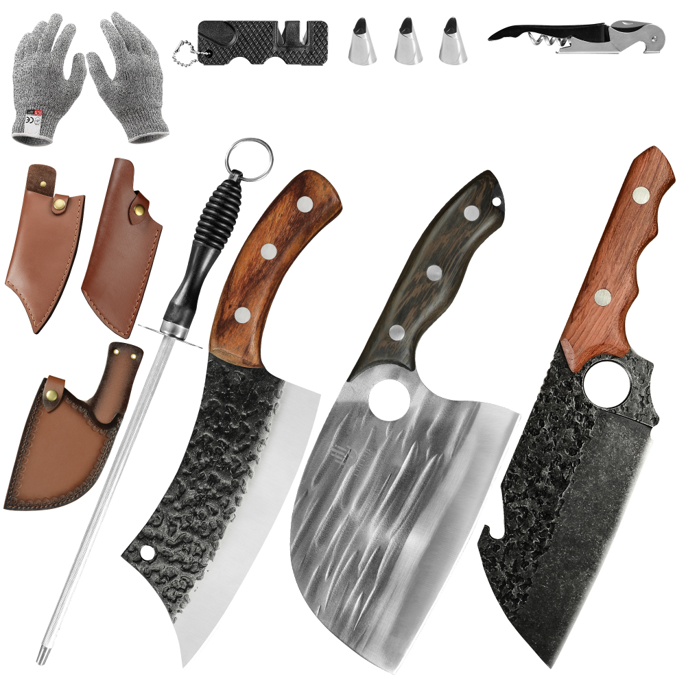 Fullhi Hand Forged Boning Knife, High Carbon Steel Butcher Knife, Full Tang Bone Cleaver with Sheath, Serbian Cleaver for Outdoor Camping, BBQ, Kitchen