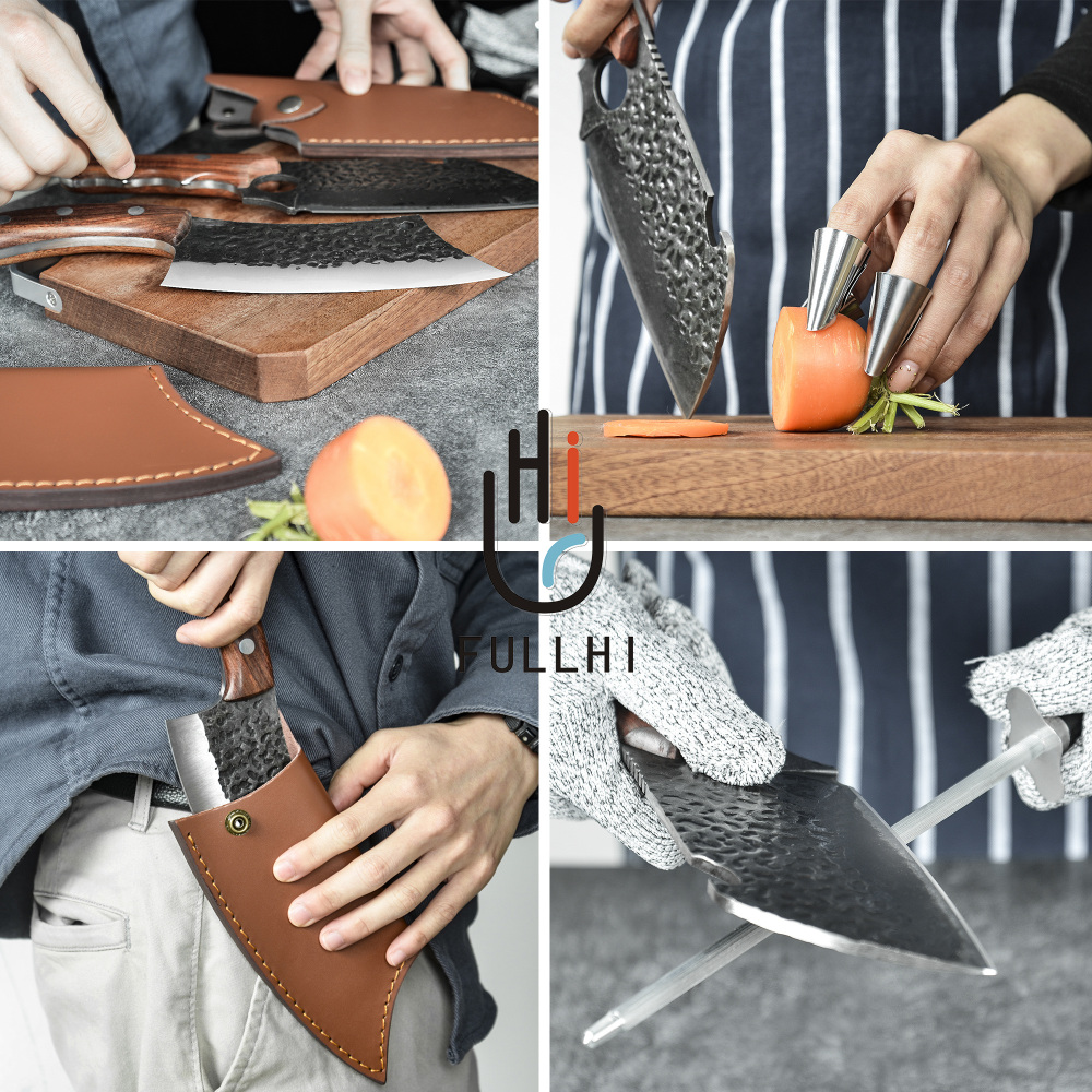 Fullhi Hand Forged Boning Knife, High Carbon Steel Butcher Knife, Full Tang Bone Cleaver with Sheath, Serbian Cleaver for Outdoor Camping, BBQ, Kitchen