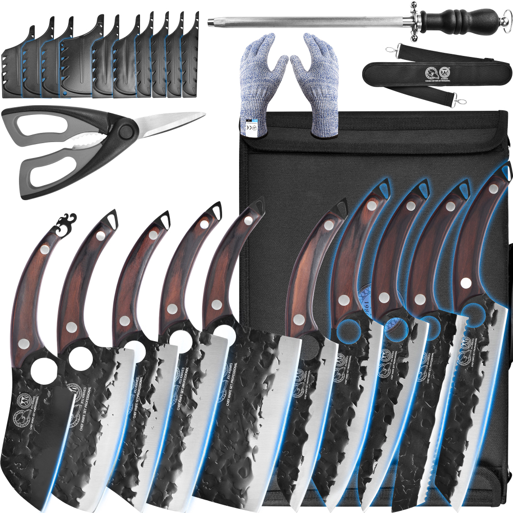 XYJ Professional Kitchen Knife Set with High-Carbon Steel Forged Blades, Chef's Knife, Cleaver, Carving Knife, Nakiri, Full Tang Design, Includes Carrying Bag & Poultry Scissors
