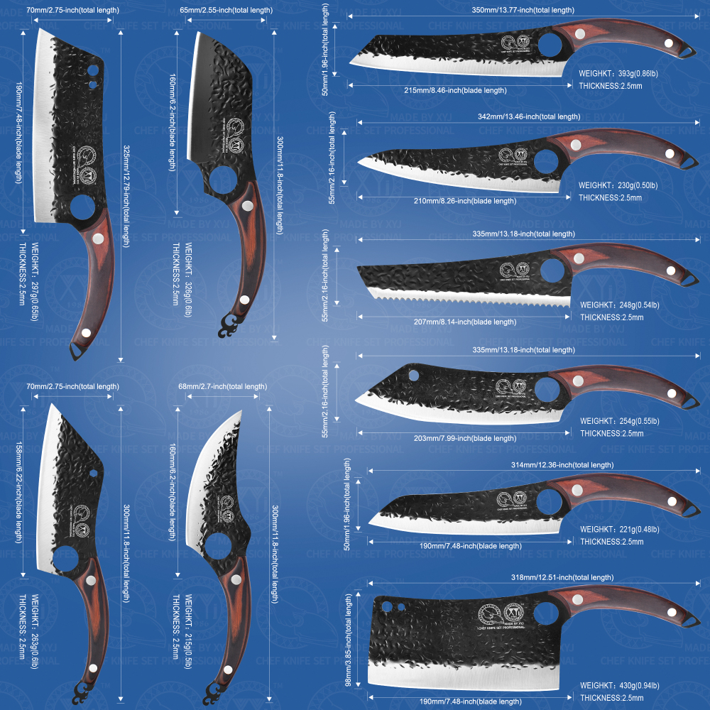 XYJ Professional Kitchen Knife Set with High-Carbon Steel Forged Blades, Chef's Knife, Cleaver, Carving Knife, Nakiri, Full Tang Design, Includes Carrying Bag & Poultry Scissors