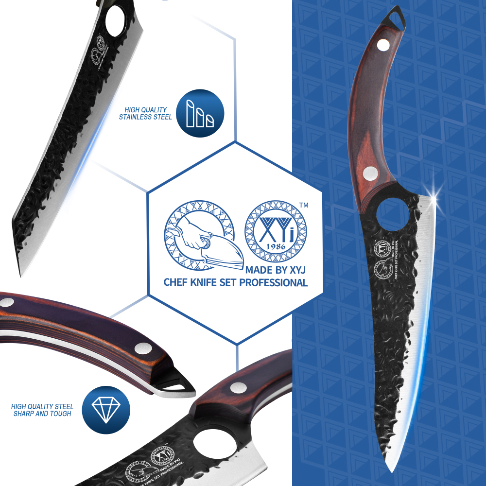 XYJ Professional Kitchen Knife Set with High-Carbon Steel Forged Blades, Chef's Knife, Cleaver, Carving Knife, Nakiri, Full Tang Design, Includes Carrying Bag & Poultry Scissors