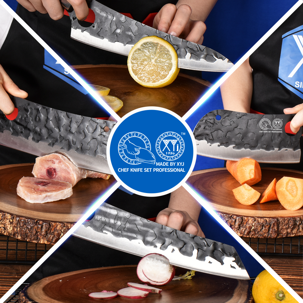 XYJ Professional Kitchen Knife Set with High-Carbon Steel Forged Blades, Chef's Knife, Cleaver, Carving Knife, Nakiri, Full Tang Design, Includes Carrying Bag & Poultry Scissors