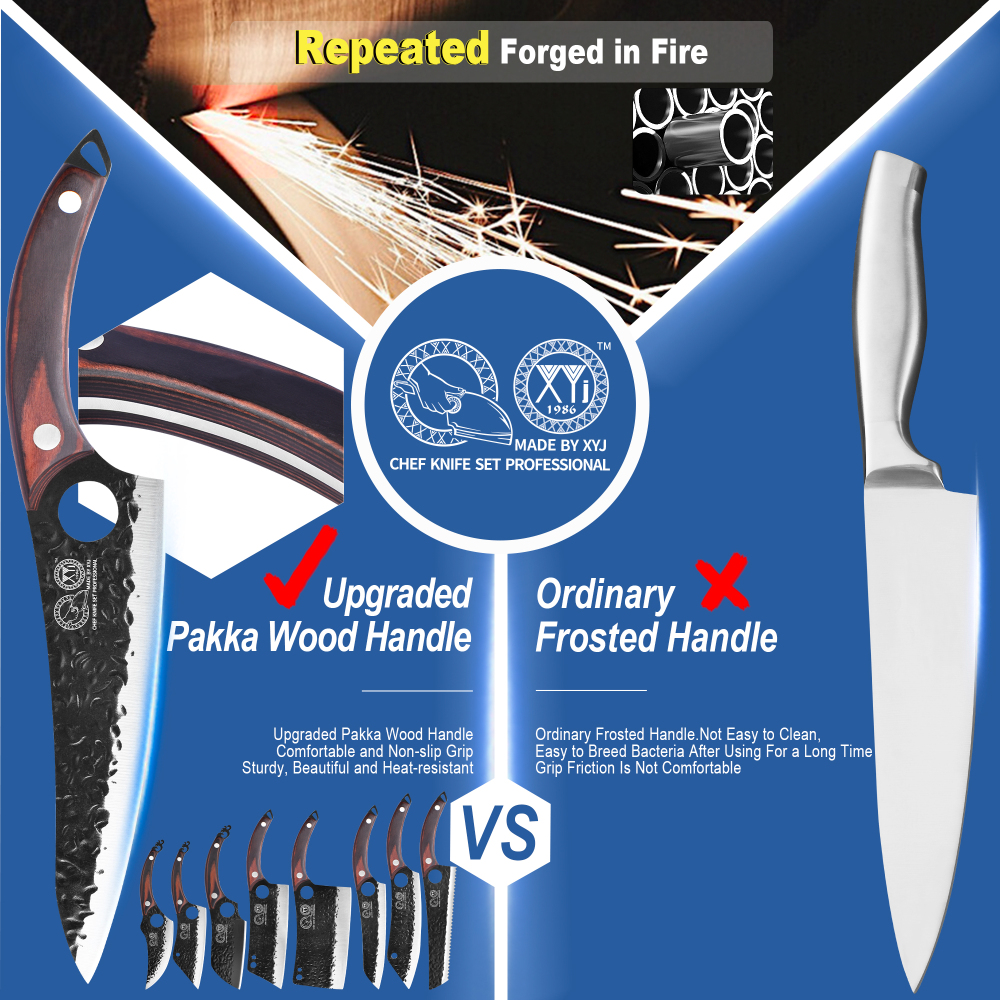 XYJ Professional Kitchen Knife Set with High-Carbon Steel Forged Blades, Chef's Knife, Cleaver, Carving Knife, Nakiri, Full Tang Design, Includes Carrying Bag & Poultry Scissors