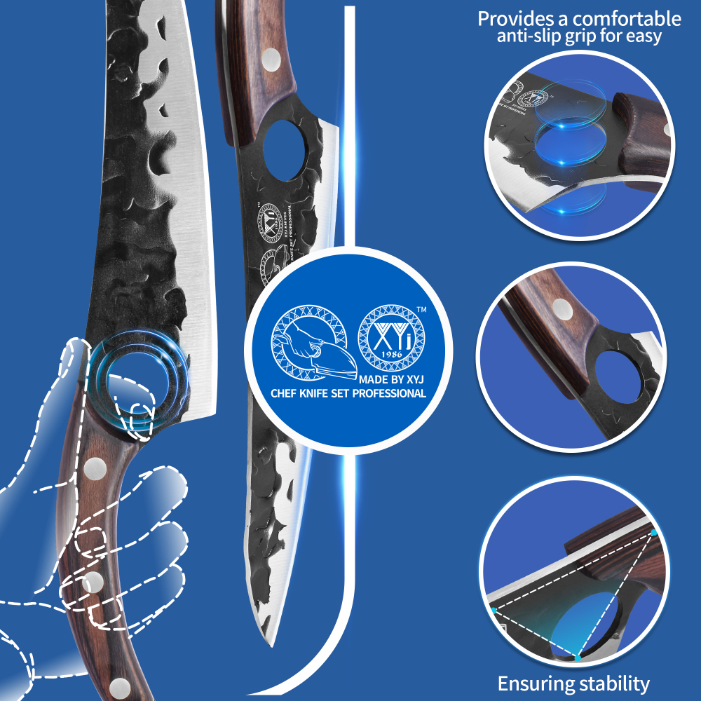 XYJ Professional Kitchen Knife Set with High-Carbon Steel Forged Blades, Chef's Knife, Cleaver, Carving Knife, Nakiri, Full Tang Design, Includes Carrying Bag & Poultry Scissors