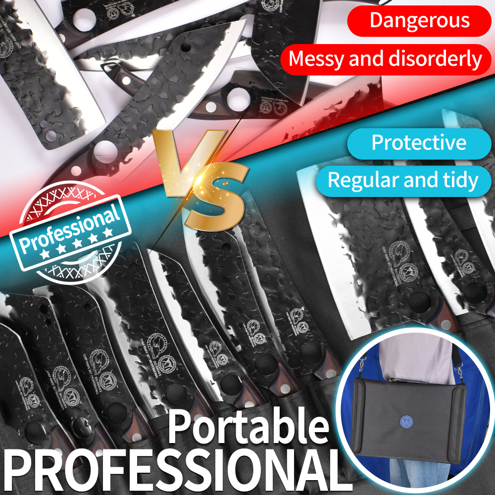 XYJ Professional Kitchen Knife Set with High-Carbon Steel Forged Blades, Chef's Knife, Cleaver, Carving Knife, Nakiri, Full Tang Design, Includes Carrying Bag & Poultry Scissors