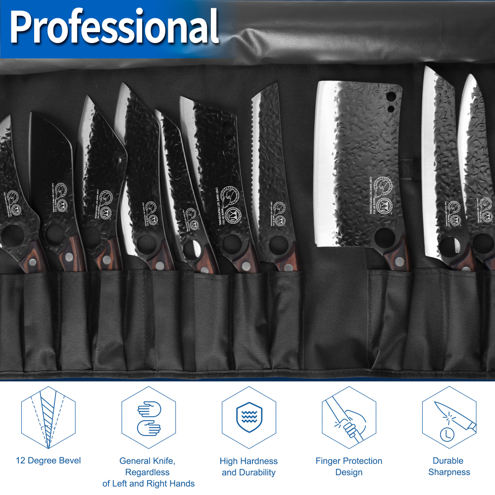 XYJ Professional Kitchen Knife Set with High-Carbon Steel Forged Blades, Chef's Knife, Cleaver, Carving Knife, Nakiri, Full Tang Design, Includes Carrying Bag & Poultry Scissors