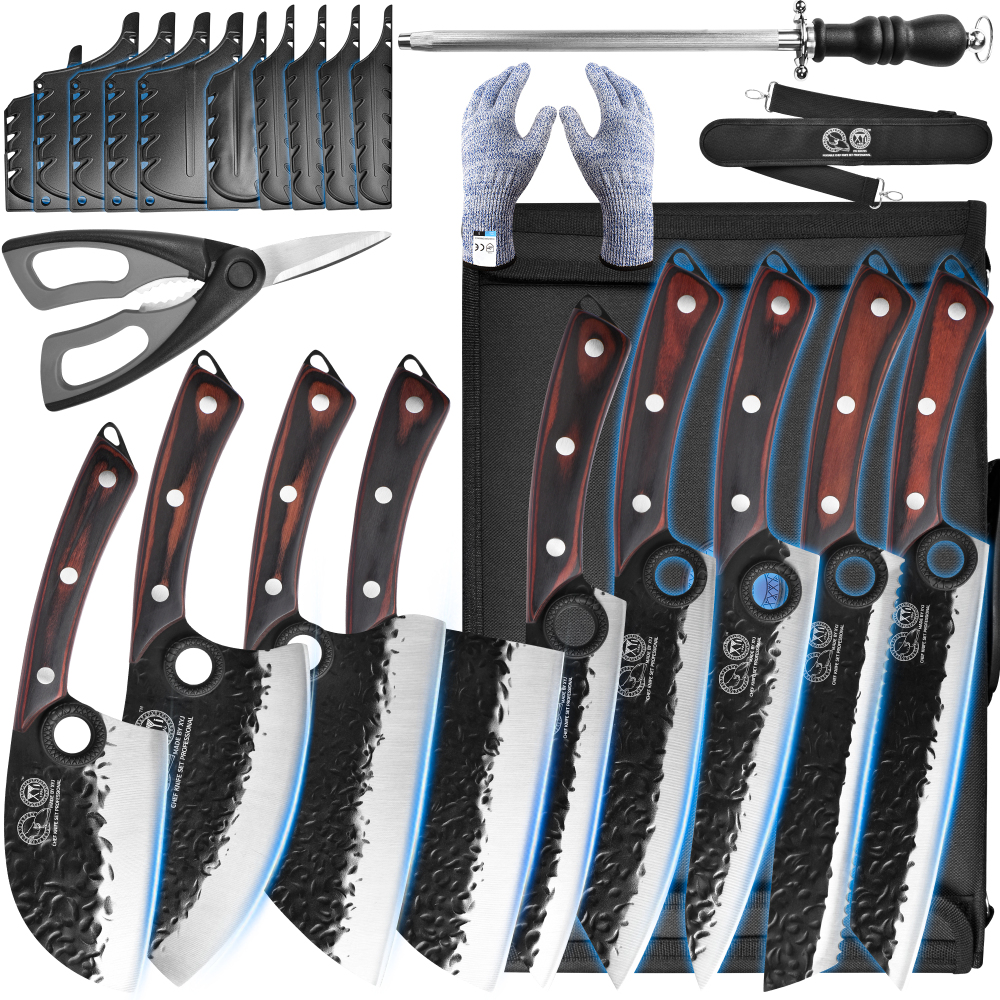 XYJ Professional Serbian Chef Knife Set with Roll Bag, Japanese Culinary Knives, Meat Cleaver, Kitchen Chopping Knife, and Protective Sleeves, Perfect for Home Cooking or Outdoor Camping