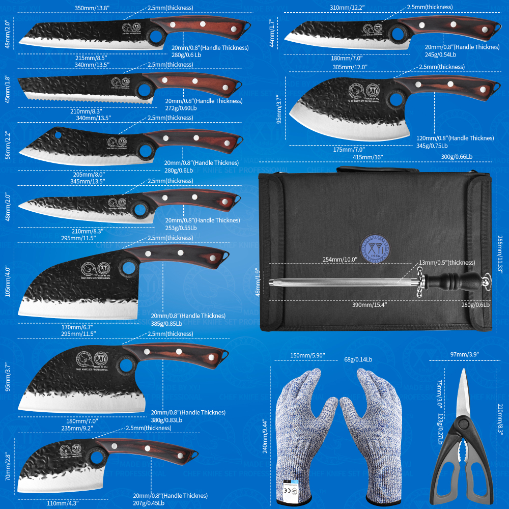 XYJ Professional Serbian Chef Knife Set with Roll Bag, Japanese Culinary Knives, Meat Cleaver, Kitchen Chopping Knife, and Protective Sleeves, Perfect for Home Cooking or Outdoor Camping