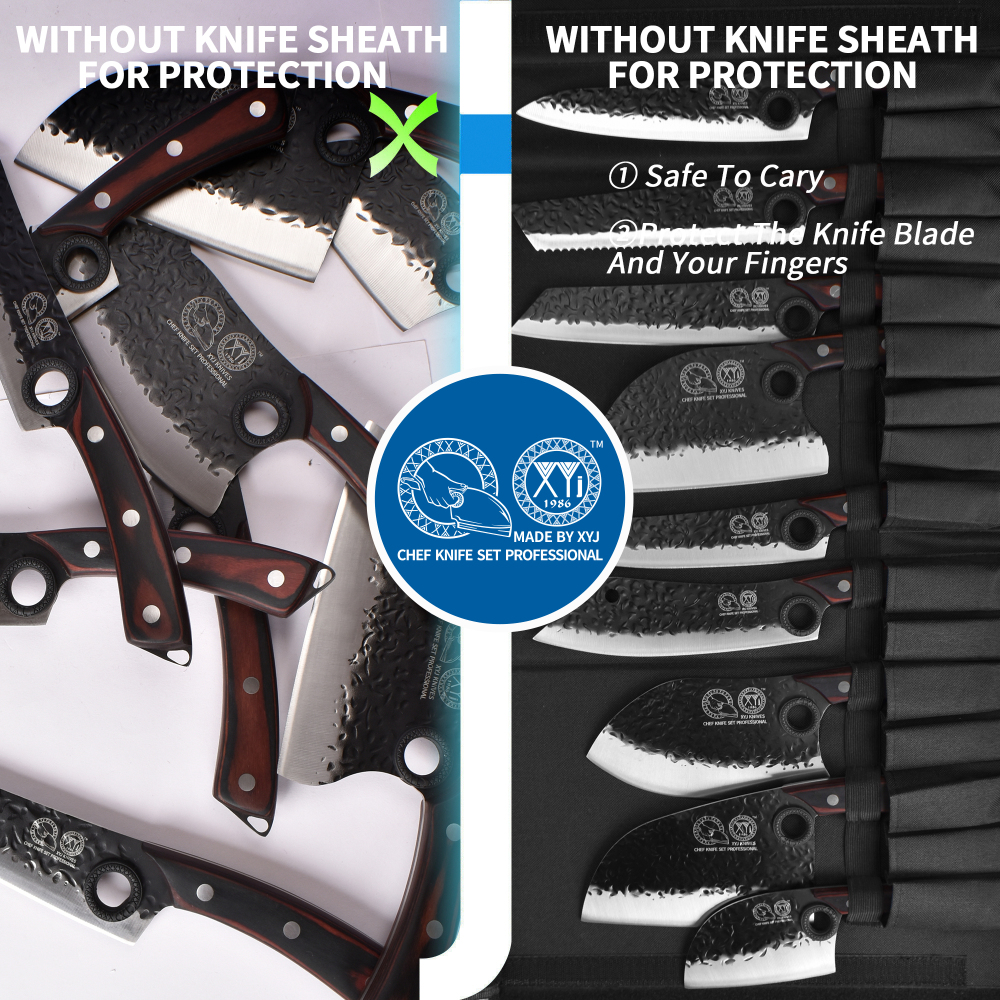 XYJ Professional Serbian Chef Knife Set with Roll Bag, Japanese Culinary Knives, Meat Cleaver, Kitchen Chopping Knife, and Protective Sleeves, Perfect for Home Cooking or Outdoor Camping