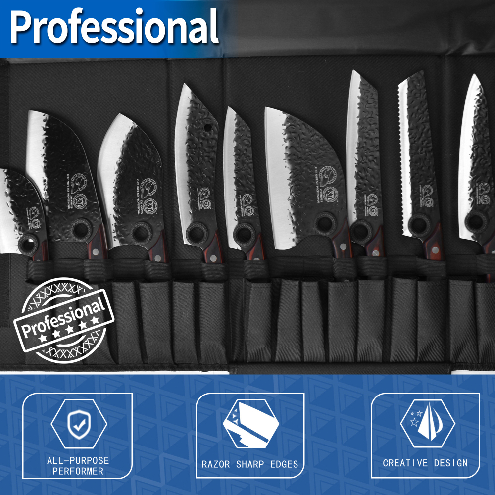 XYJ Professional Serbian Chef Knife Set with Roll Bag, Japanese Culinary Knives, Meat Cleaver, Kitchen Chopping Knife, and Protective Sleeves, Perfect for Home Cooking or Outdoor Camping