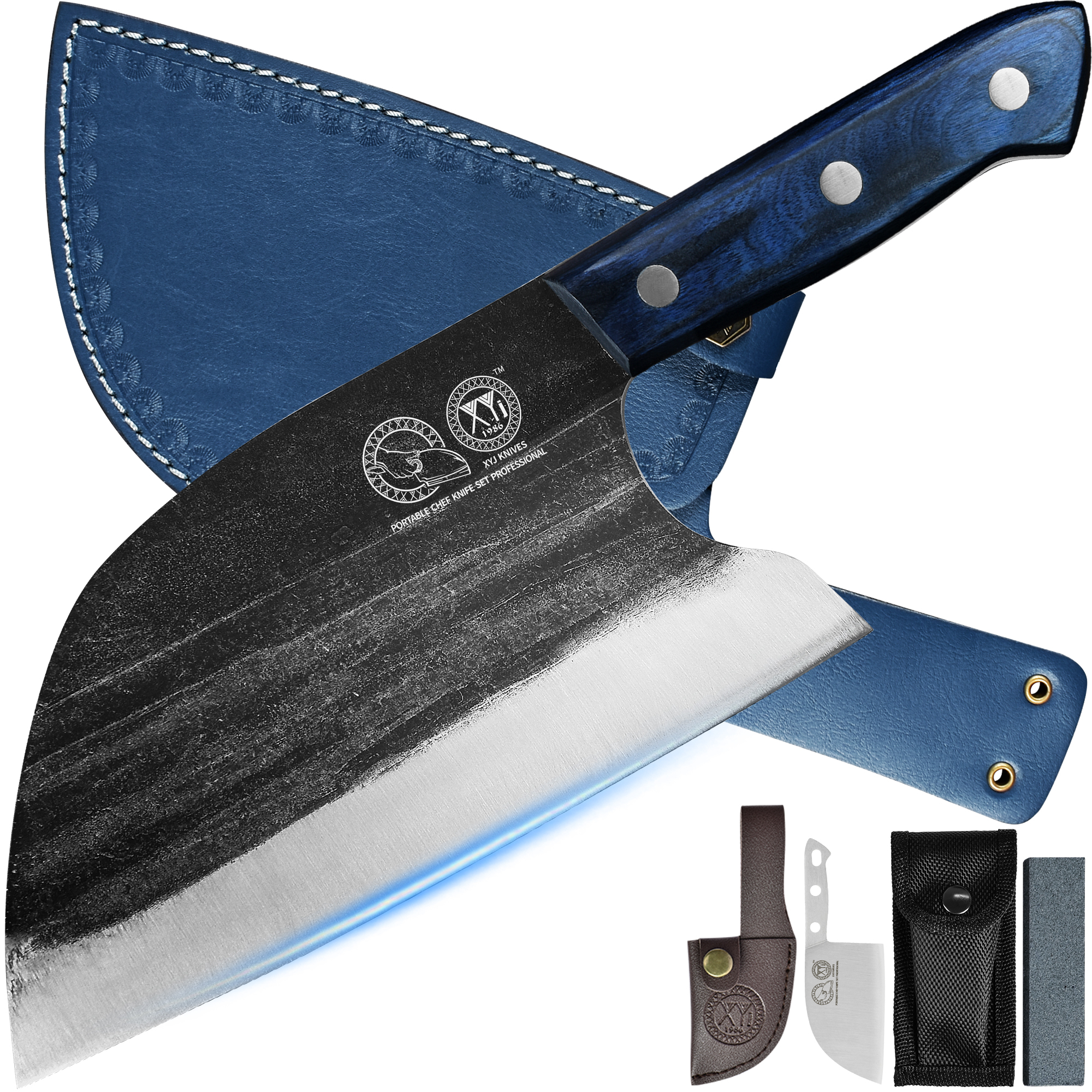 XYJ 6.7 Inch Serbian Chef Knife Cutting Butcher Knives High Carbon Steel Forging Meat Cleavers For Camping Kitchen and Outdoor Cooking Tool With Carry