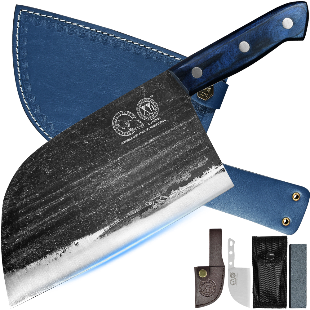 XYJ 6.7 Inch Serbian Chef Knife Cutting Butcher Knives High Carbon Steel Forging Meat Cleavers For Camping Kitchen and Outdoor Cooking Tool With Carry