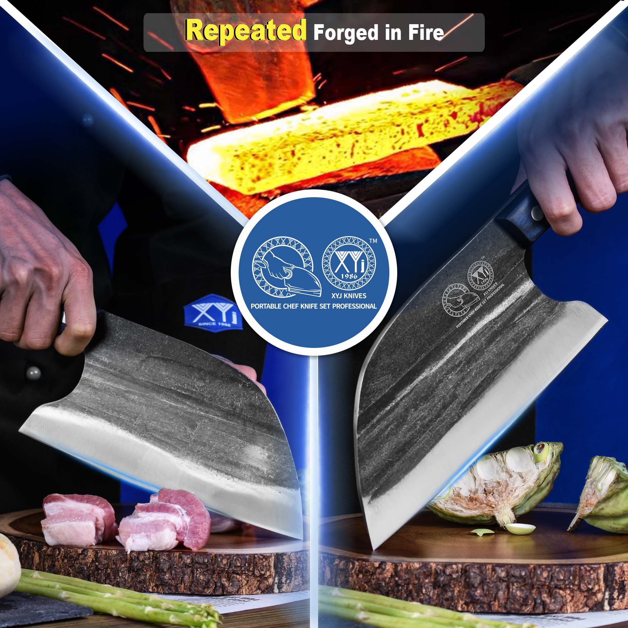 XYJ 6.7 Inch Serbian Chef Knife Cutting Butcher Knives High Carbon Steel Forging Meat Cleavers For Camping Kitchen and Outdoor Cooking Tool With Carry