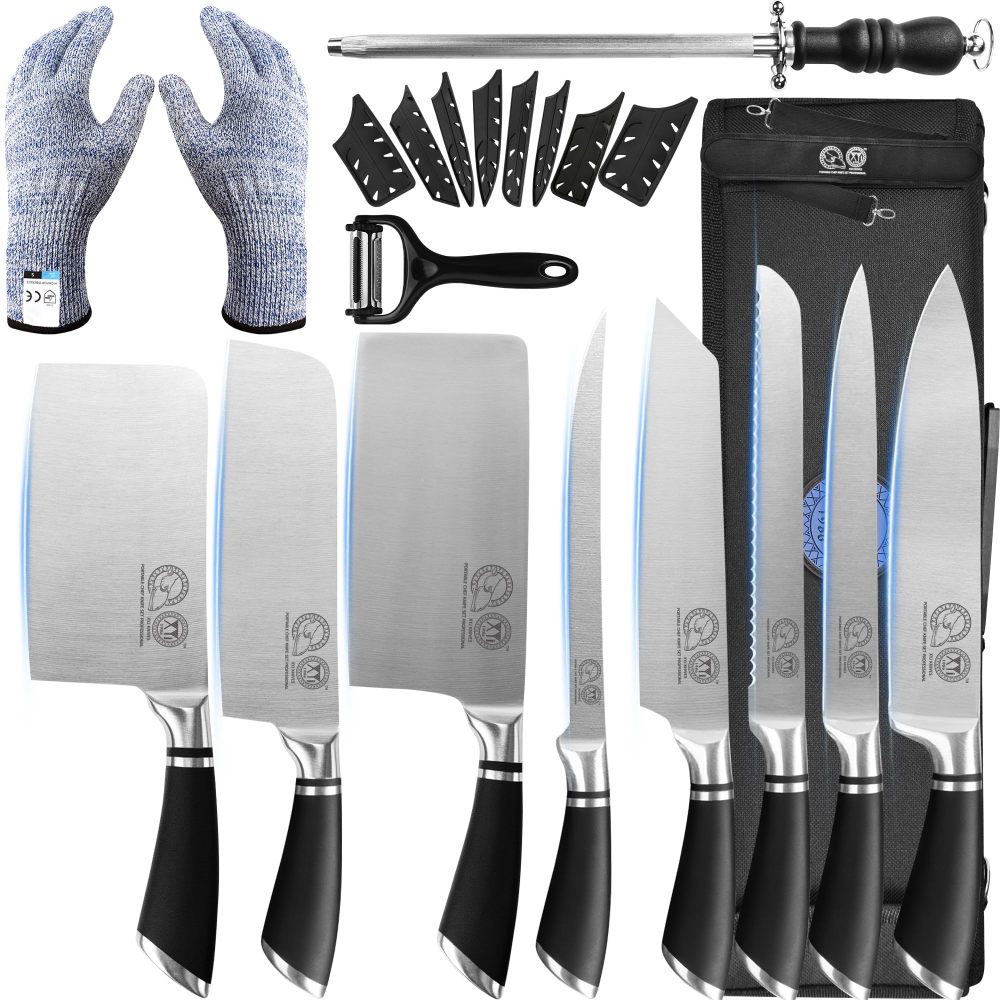 XYJ Knives,Professional Knife Sets for Master Chefs, Best Chef Knife Set with Bag,Meat Cleaver Butcher for Camping