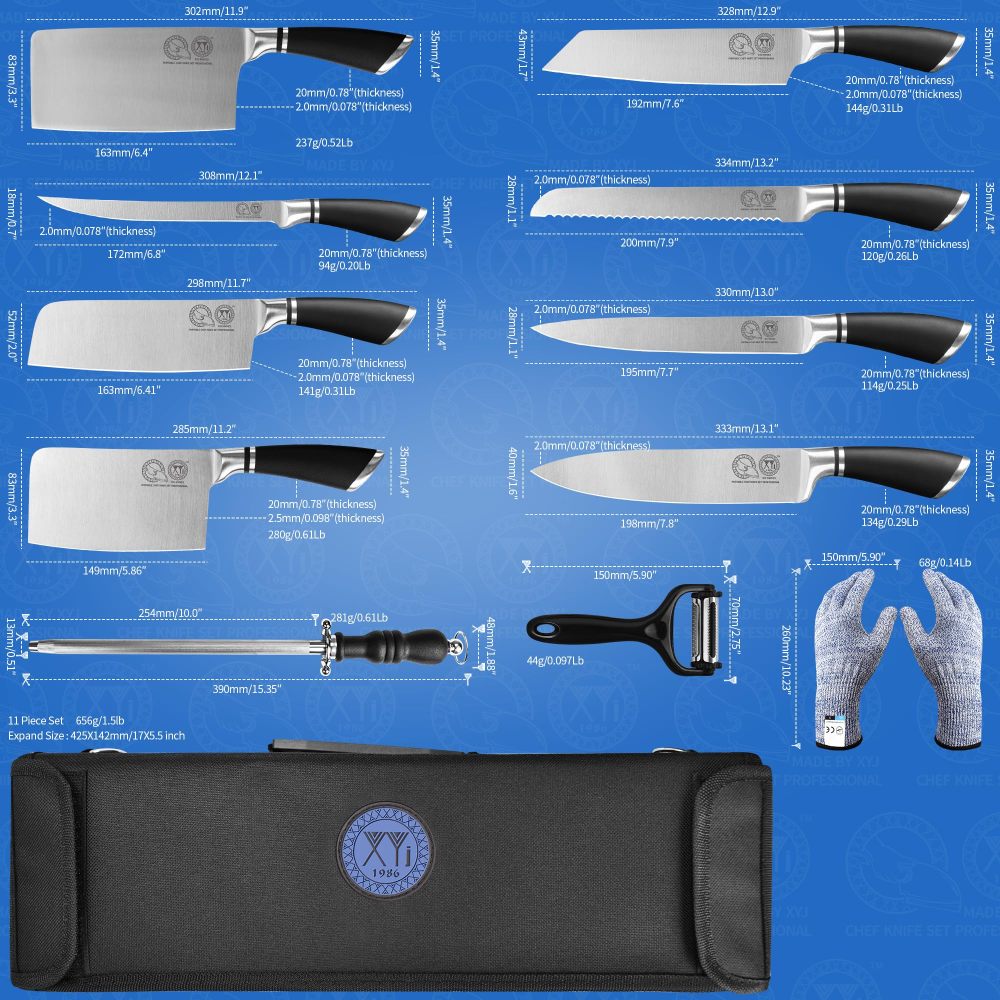 XYJ Knives,Professional Knife Sets for Master Chefs, Best Chef Knife Set with Bag,Meat Cleaver Butcher for Camping