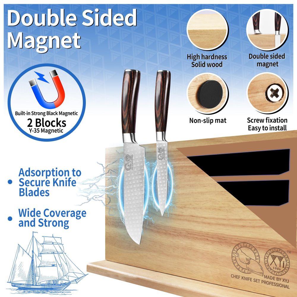 XYJ Authentic Since 1986 Magnetic Knife Block, Powerful Double-Sided Wooden Magnetic Knife Holder, Cutlery Display, Universal Kitchen Knife Stand Storage Rack Without Knives