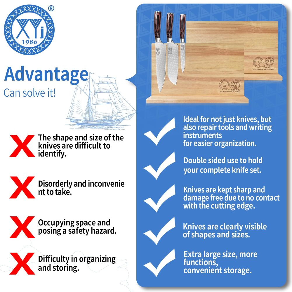 XYJ Authentic Since 1986 Magnetic Knife Block, Powerful Double-Sided Wooden Magnetic Knife Holder, Cutlery Display, Universal Kitchen Knife Stand Storage Rack Without Knives