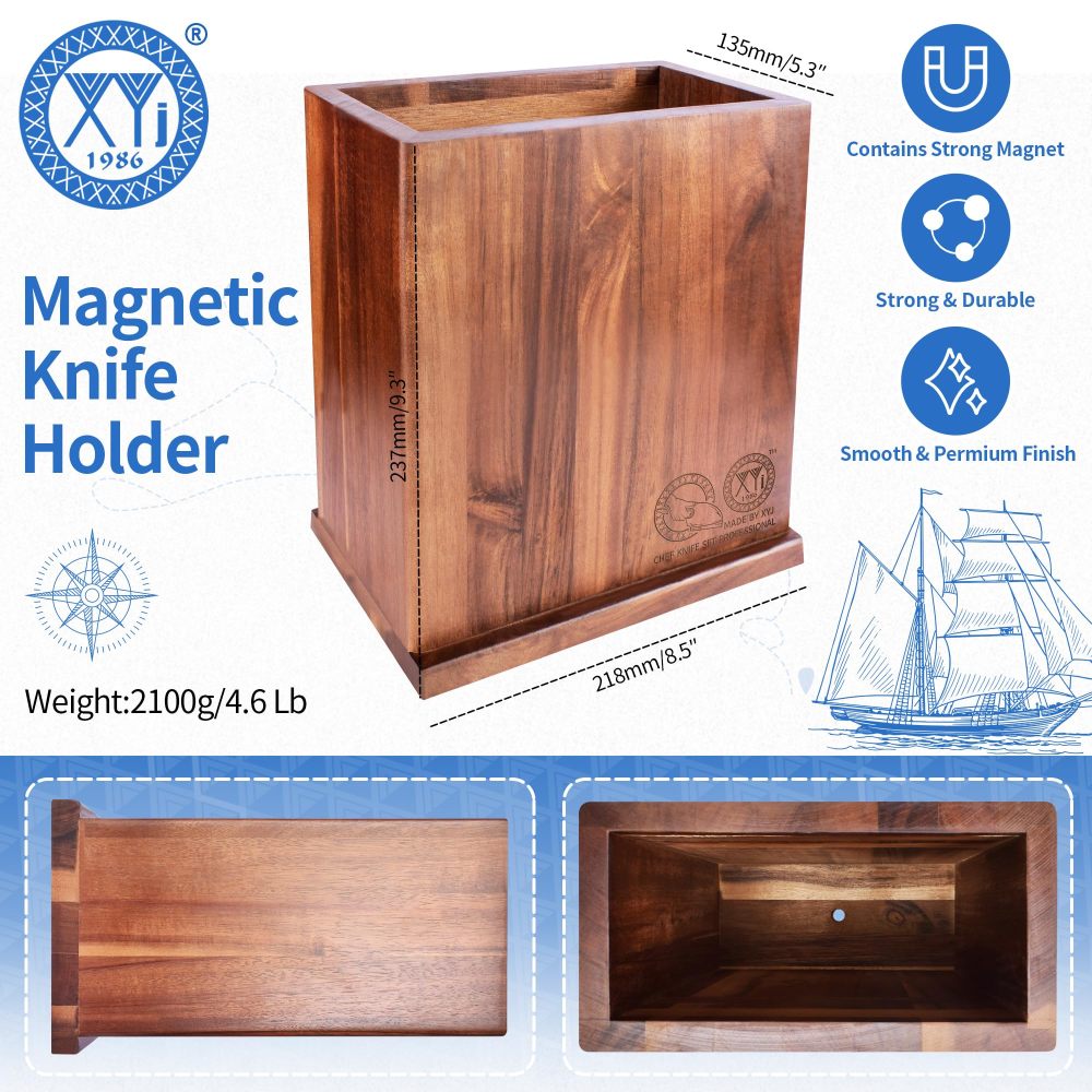 XYJ Magnetic Knife Block Holder,Double Side Magnetic Knife Stand,Acacia Wood,Extra Large Capacity Magnet Knife Storage for Knives and Utensils,Kitchen Organizer Rack Tool Without Knives