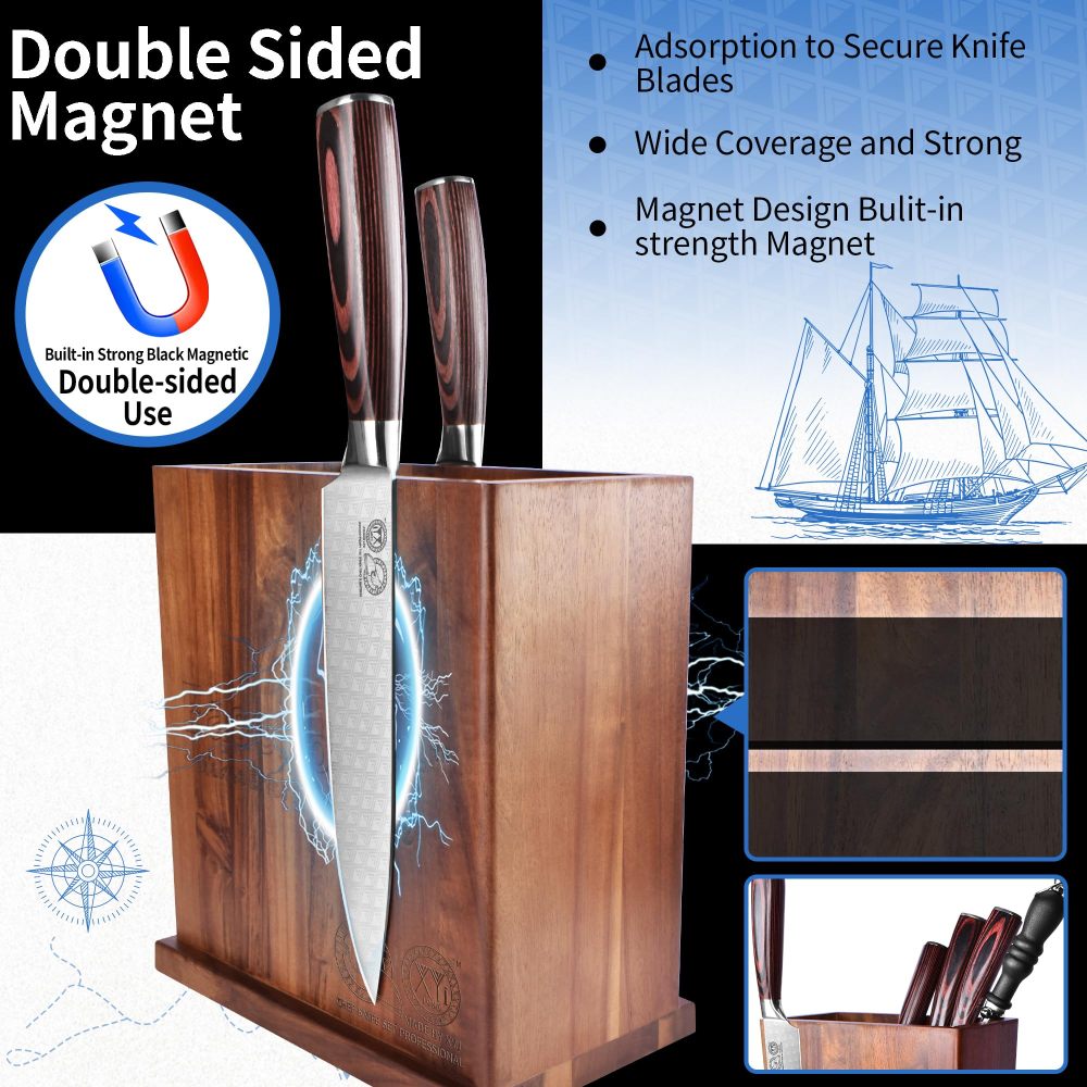 XYJ Magnetic Knife Block Holder,Double Side Magnetic Knife Stand,Acacia Wood,Extra Large Capacity Magnet Knife Storage for Knives and Utensils,Kitchen Organizer Rack Tool Without Knives
