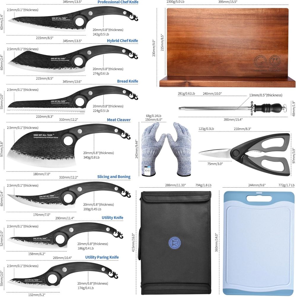 One Set All Tasks, Kitchen Knife Block Set With Sharpener, Scissors, Roll Bag, Cutting Board, 7 Pcs High Carbon Steel Knives Set, Cleaver Cooking Chef Knives With Ergonomic Handles