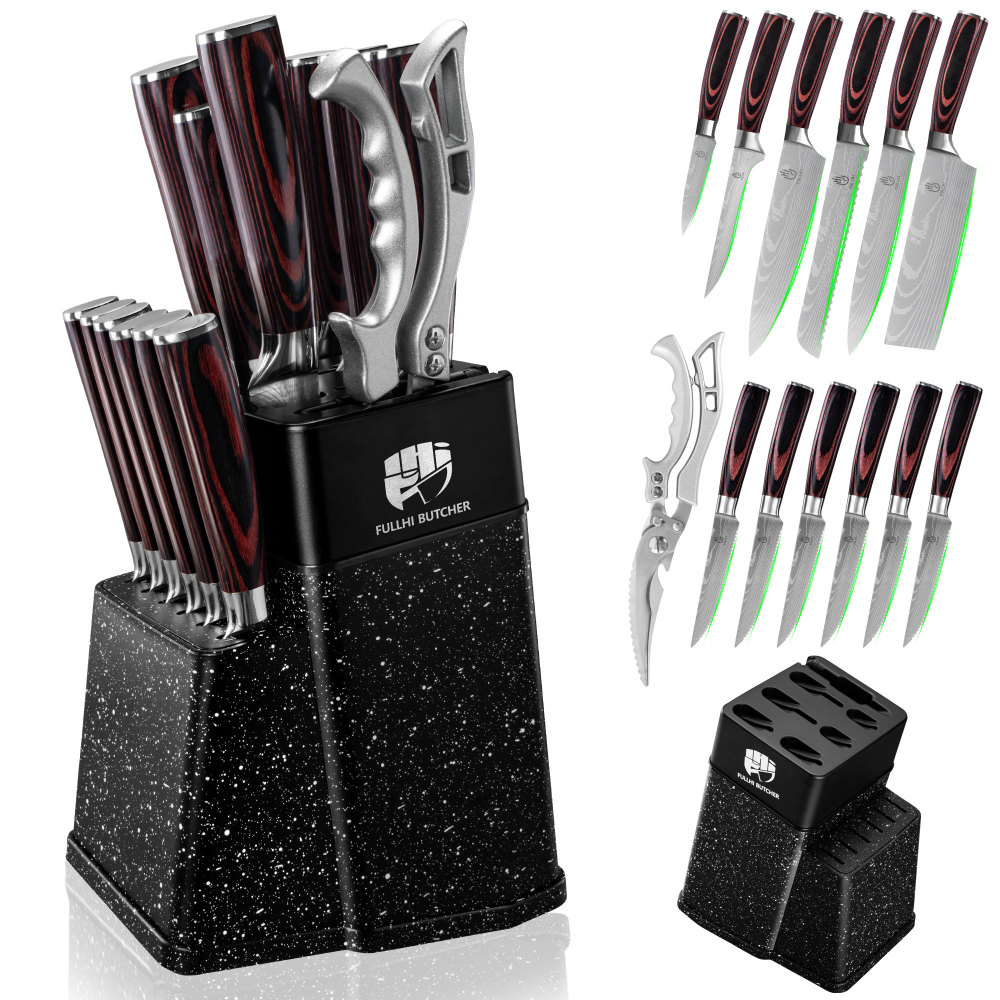 14pcs Chef Block Knife Set, Japanese Knife Set Steak Knives Set with Block and Sharpener, Kitchen Knife Set, Gifts for Men and Women