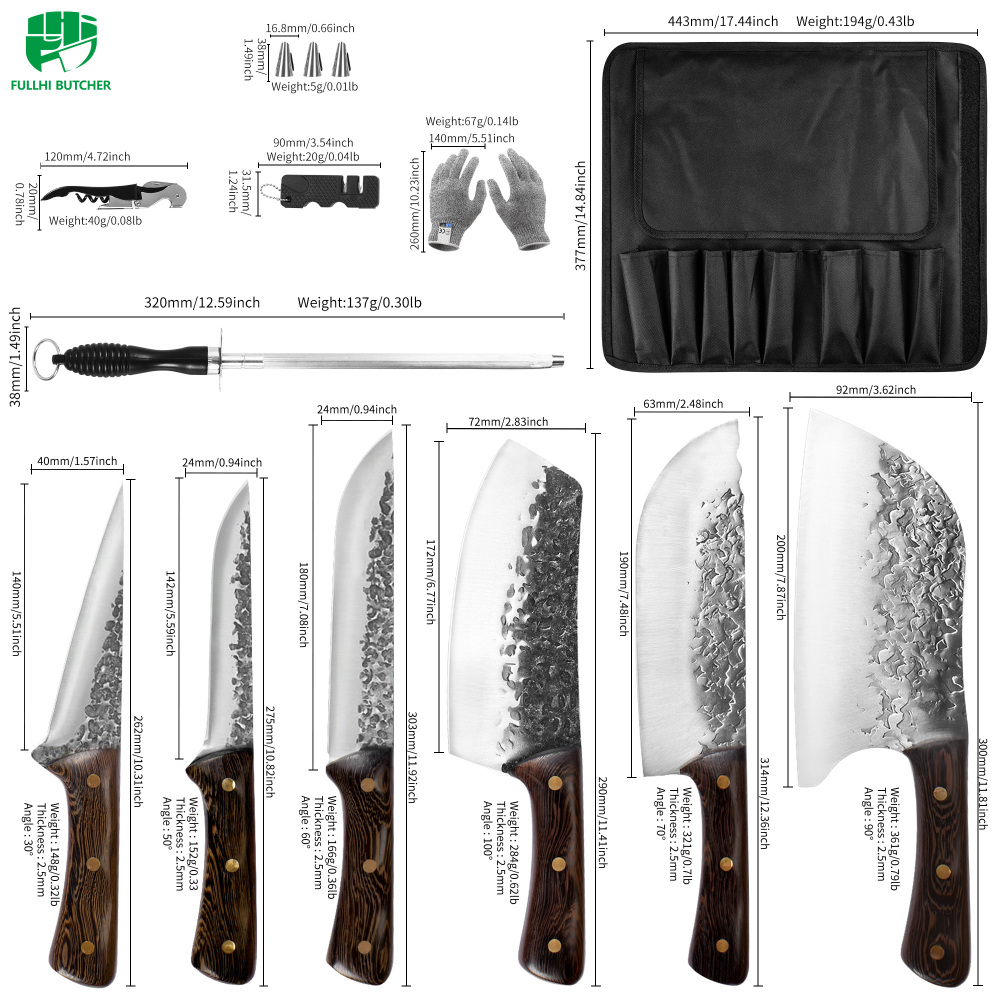 FULLHI Best Butcher Knife Set Hand Forged chef knife Boning Knife With Sheath High Carbon Steel Carving Knife Fish Knife Chef Knife For Kitchen, Camping, BBQ Knife set
