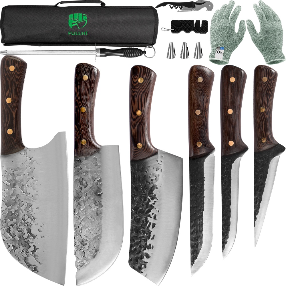 FULLHI Best Butcher Knife Set Hand Forged chef knife Boning Knife With Sheath High Carbon Steel Carving Knife Fish Knife Chef Knife For Kitchen, Camping, BBQ Knife set