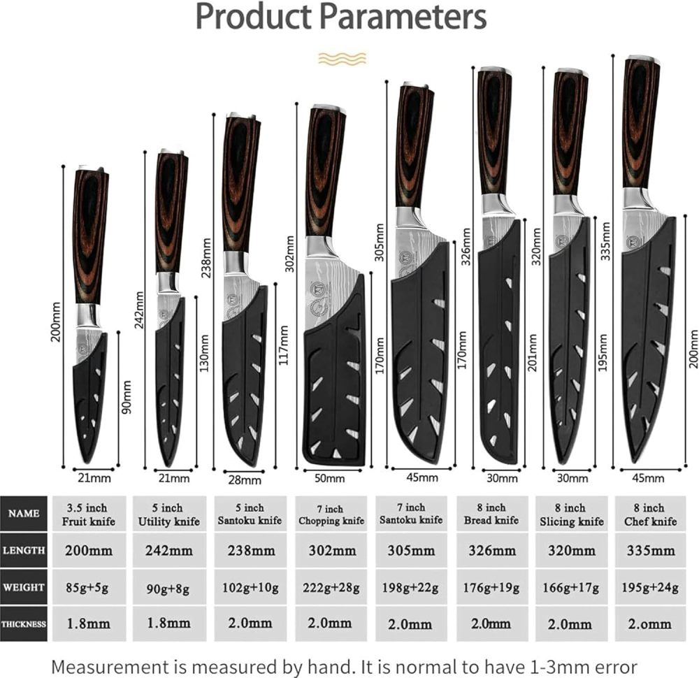 XYJ Stainless Steel Kitchen Knives Set 8 Piece Chef Knife Set with Carry Case Bag & Sheath Well Balance Ergonomic Handle