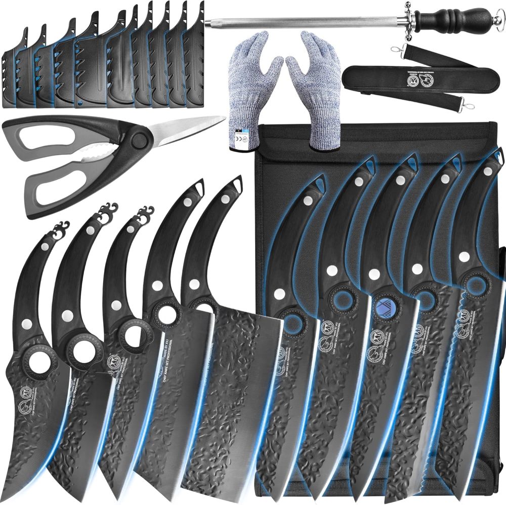 XYJ Professional Kitchen Knife Set with High-Carbon Steel Forged Blades, Chef's Knife, Cleaver, Carving Knife, Nakiri, Full Tang Design, Includes Carrying Bag & Poultry Scissors