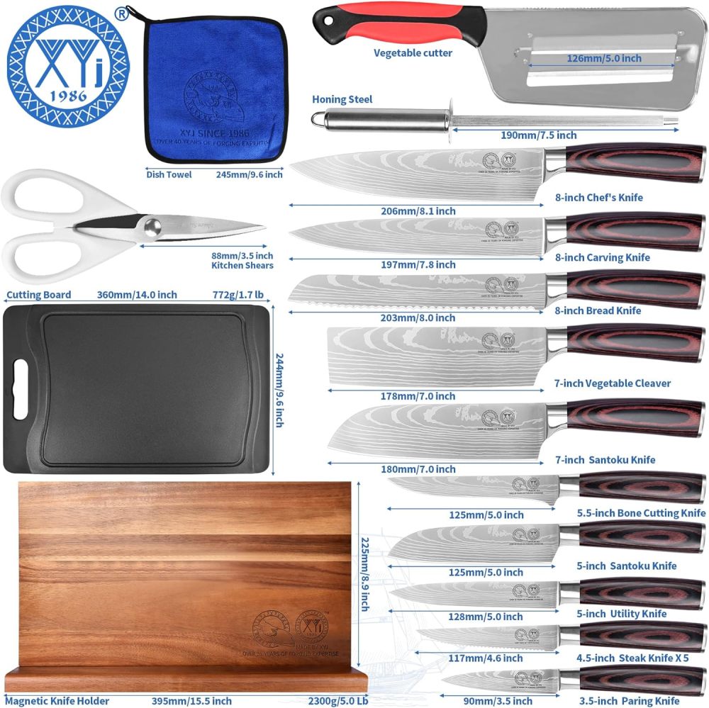 XYJ Knife Block Set,Stainless Steel 14Pcs Knives with Block,Honing Steel,Cutting Board,Gloves,Scissors,Steak Paring Slicing Boning Carving Santoku Nakiri Bread Kitchen Knife Set,Wood Handle