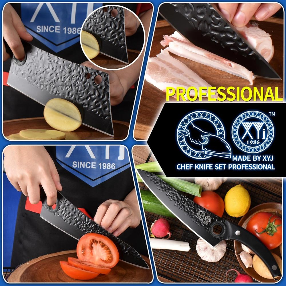 XYJ Professional Kitchen Knife Set with High-Carbon Steel Forged Blades, Chef's Knife, Cleaver, Carving Knife, Nakiri, Full Tang Design, Includes Carrying Bag & Poultry Scissors