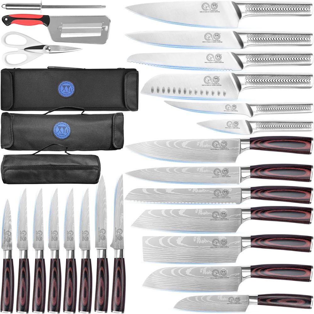 XYJ Kitchen Knife Set, Stainless Steel Fruit Steak Ham Fish Fillet Carving Slicing Chef Knife Set with Bag, Scissors, Sharpening Tool, Peeler, Vegetable Slicer, Gloves