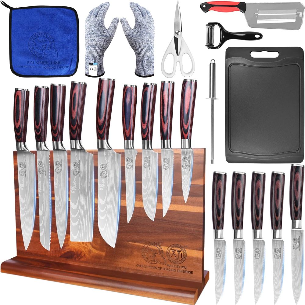 XYJ Knife Block Set,Stainless Steel 14Pcs Knives with Block,Honing Steel,Cutting Board,Gloves,Scissors,Steak Paring Slicing Boning Carving Santoku Nakiri Bread Kitchen Knife Set,Wood Handle