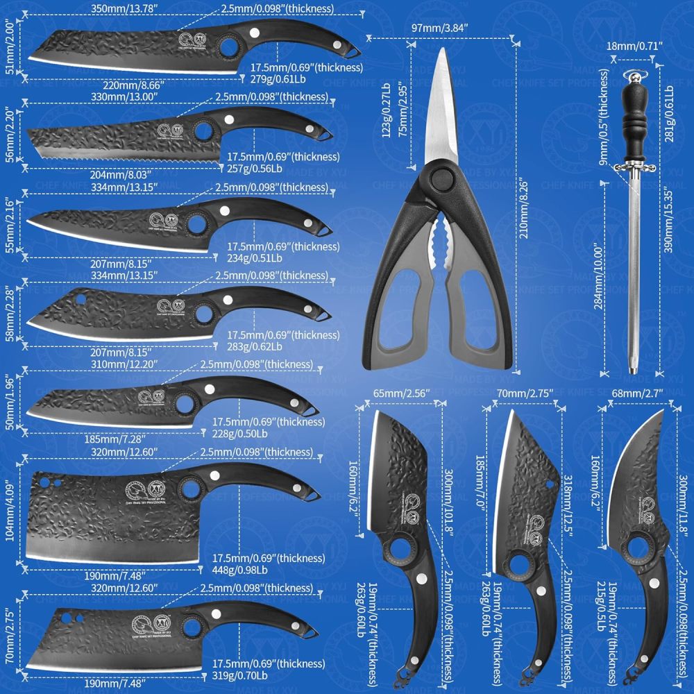 XYJ Professional Kitchen Knife Set with High-Carbon Steel Forged Blades, Chef's Knife, Cleaver, Carving Knife, Nakiri, Full Tang Design, Includes Carrying Bag & Poultry Scissors