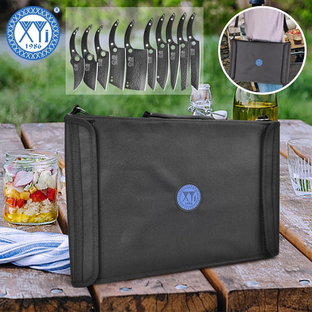 XYJ Professional Kitchen Knife Set with High-Carbon Steel Forged Blades, Chef's Knife, Cleaver, Carving Knife, Nakiri, Full Tang Design, Includes Carrying Bag & Poultry Scissors