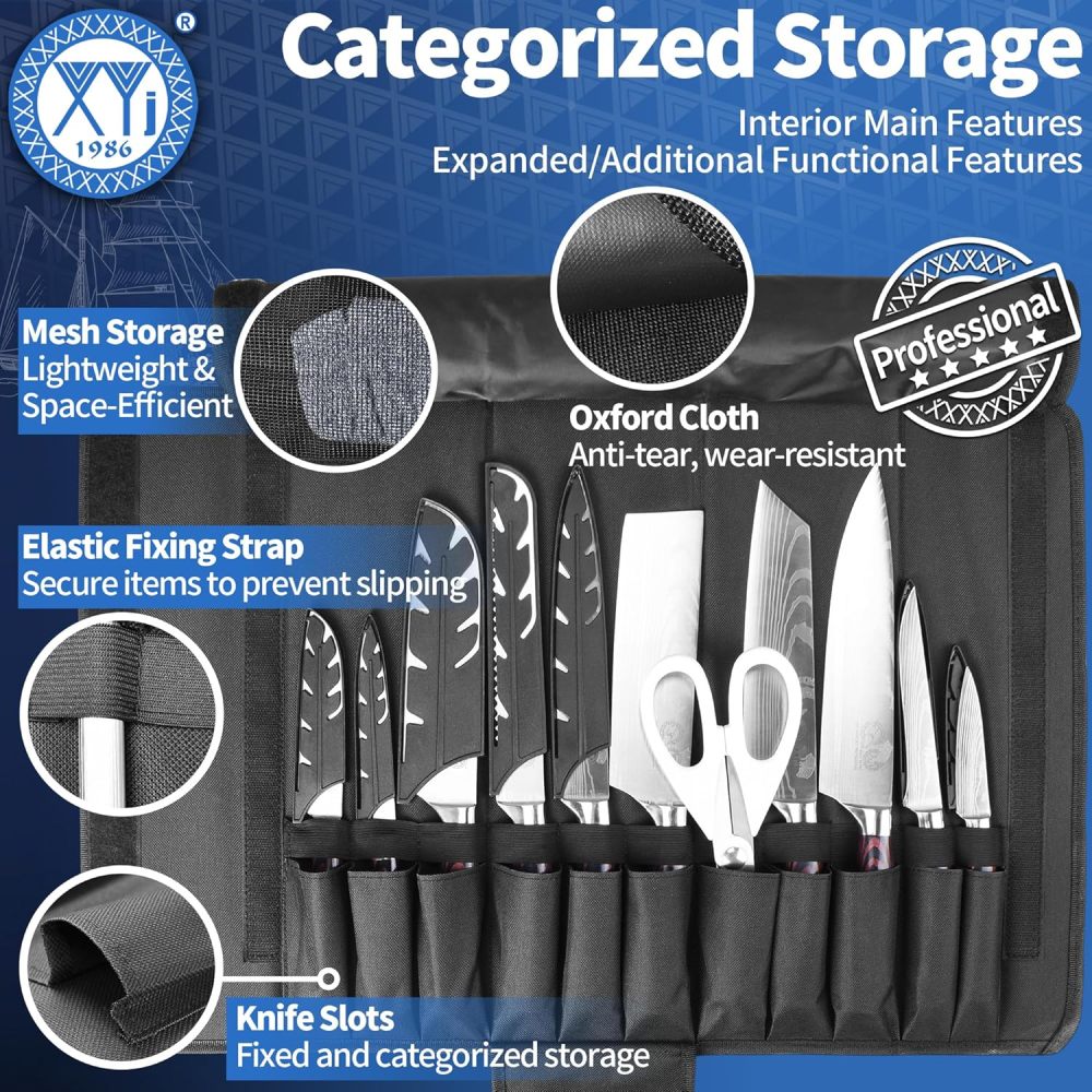 XYJ Kitchen Knife Set, Stainless Steel Fruit Steak Ham Fish Fillet Carving Slicing Chef Knife Set with Bag, Scissors, Sharpening Tool, Peeler, Vegetable Slicer, Gloves