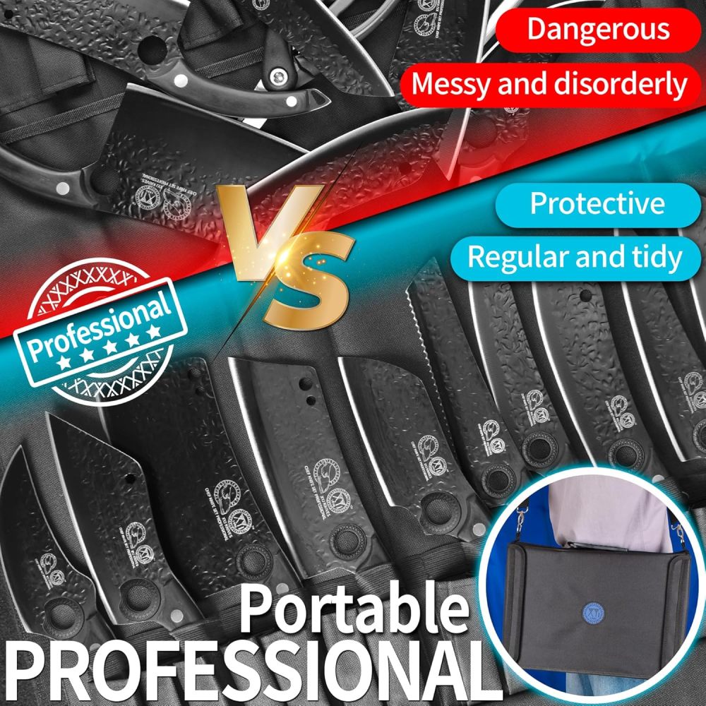 XYJ Professional Kitchen Knife Set with High-Carbon Steel Forged Blades, Chef's Knife, Cleaver, Carving Knife, Nakiri, Full Tang Design, Includes Carrying Bag & Poultry Scissors