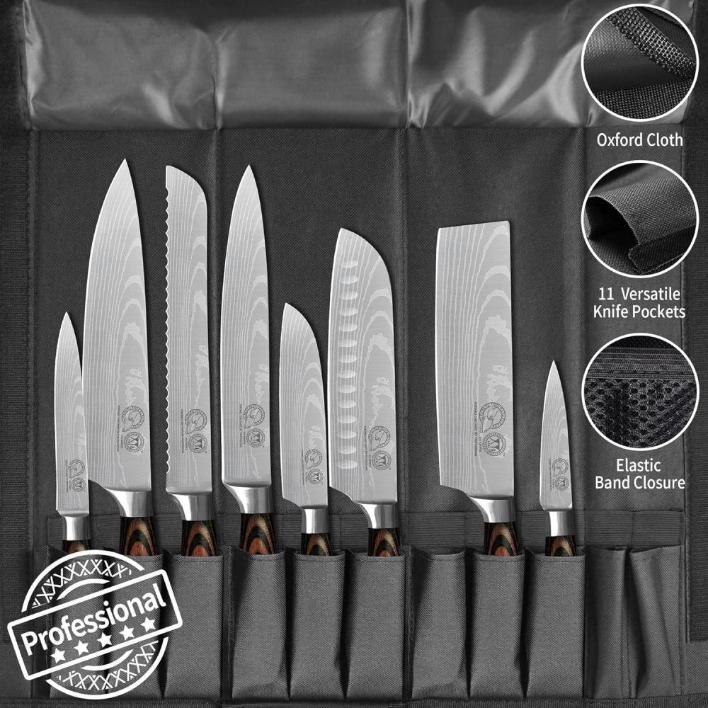 XYJ Stainless Steel Kitchen Knives Set 8 Piece Chef Knife Set with Carry Case Bag & Sheath Well Balance Ergonomic Handle