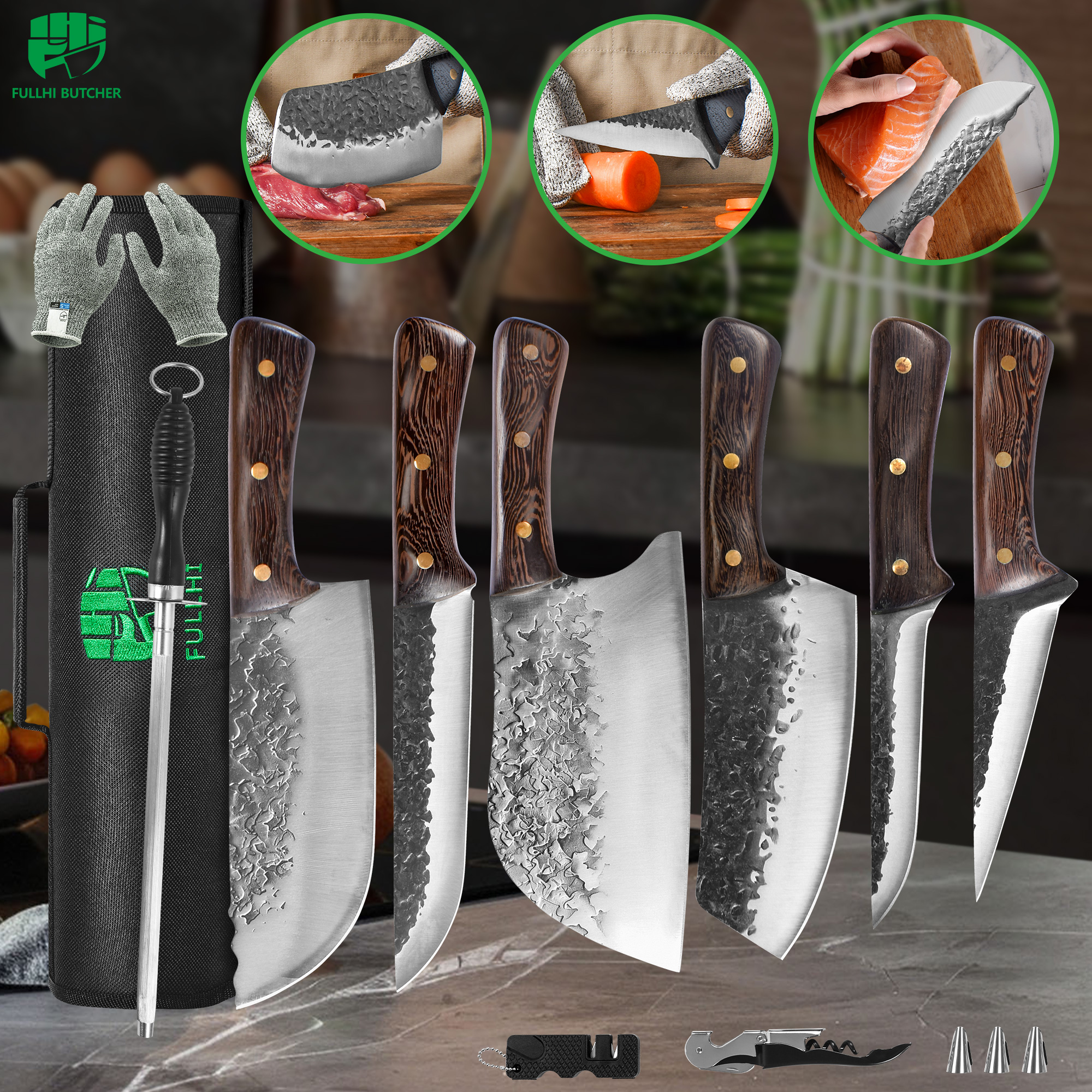 FULLHI シェフ/ブッチャーフィッシュナイフセット 12個セット 12pcs Butcher Knife Set Hand Forged chef knife Boning Knife With