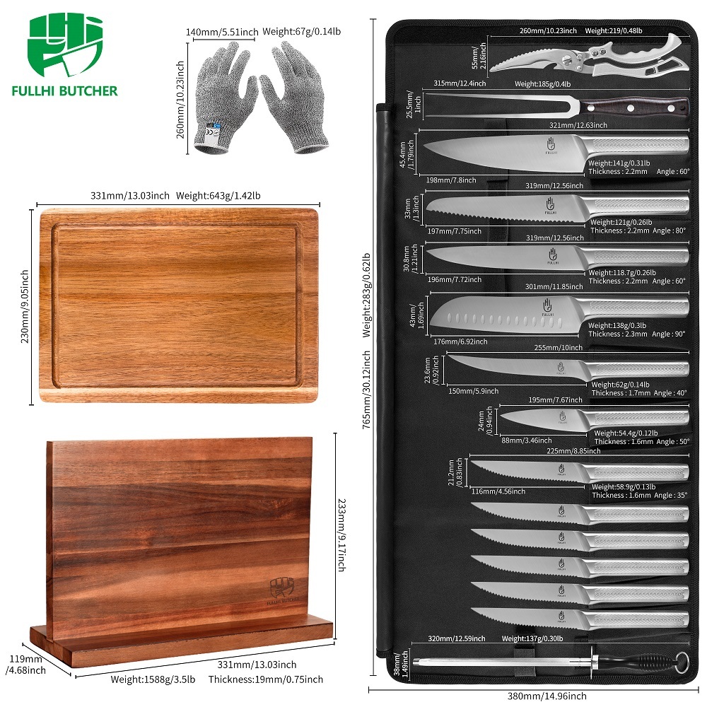 FULLHI 19pcs Japanese Knife Set with Magnetic Knife Block Holder, Cutting Board, Meat fork, Kitchen Shears, Roll Bag, Sharpener Rod Premium Stainless Steel Kitchen Steak Knife Set Dishwasher Safe